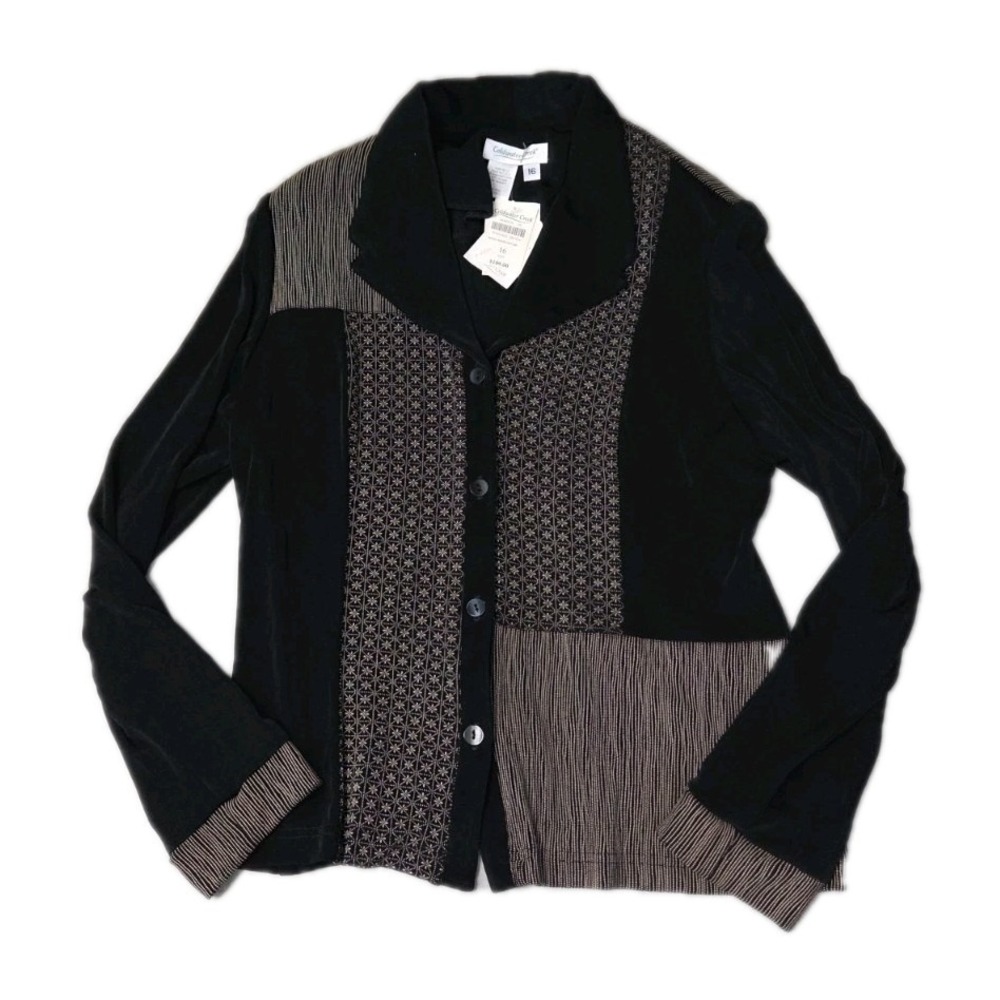 NWT Coldwater Creek Patchwork Shirt Women 16 Button-Up Black Vintage Long Sleeve